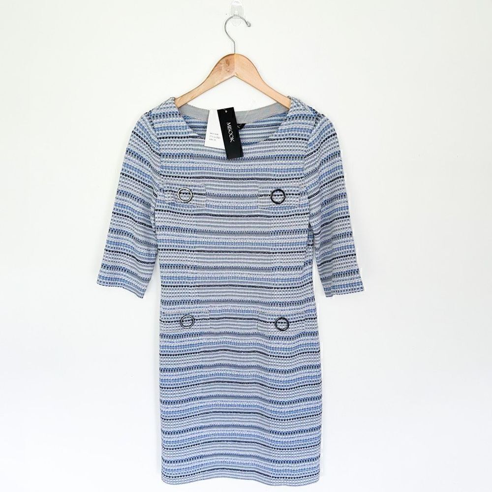 Misook Blue Multi Whipstitch Dress 3/4 Sleeves with Faux Pockets